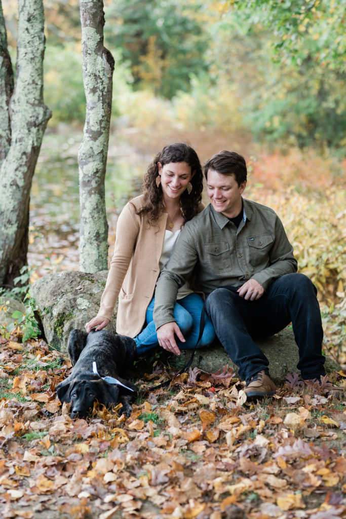 Engagement photography, dog, Boston, fall, leaves
