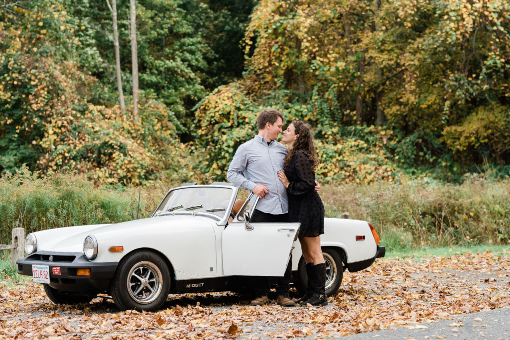 Midget MG classic car, photography, engagements photos, fall, leaves, Boston