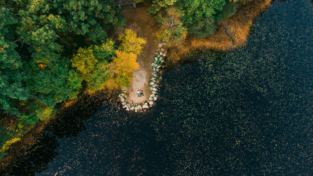Engagement photography, fall colors, Boston, October, drone, lake, top down